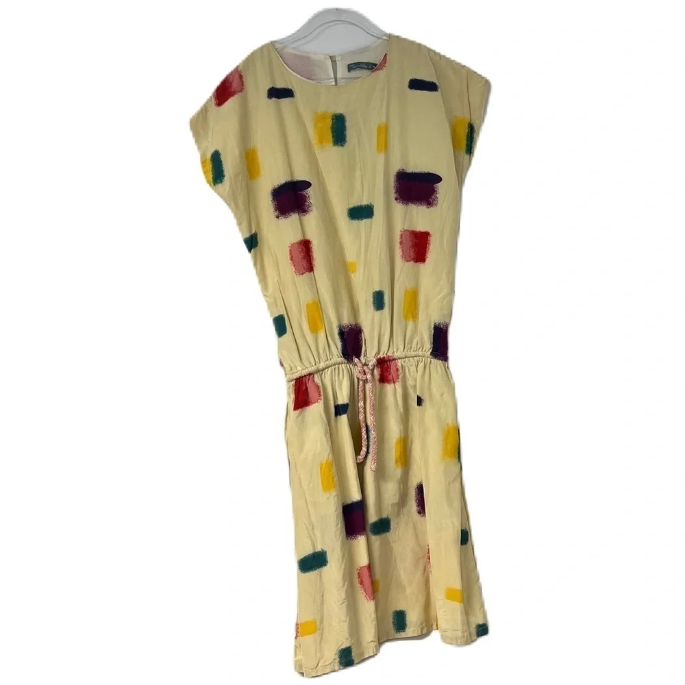 Tarantela Girls 14 Rainbow Brushstroke Elastic Waist Short Sleeve Dress yellow